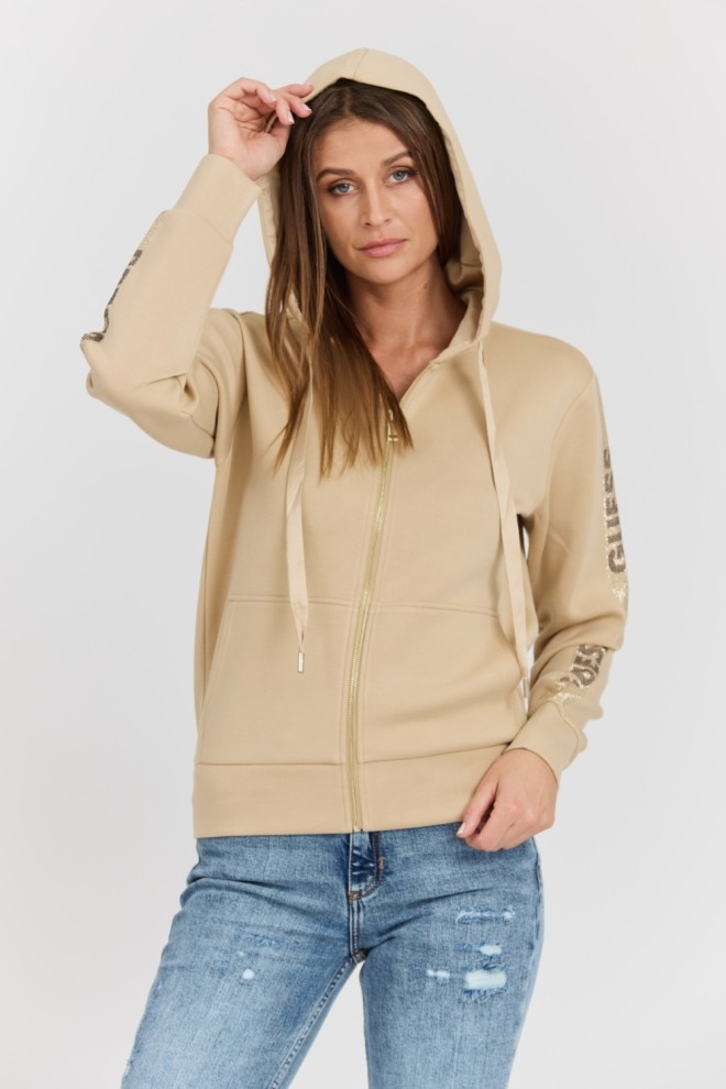 GUESS Beżowa damska bluza Hood Studs Logo