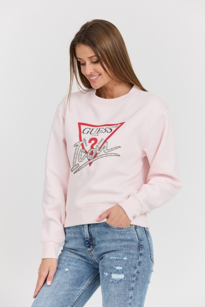 Hanorac pentru femei GUESS Pink Icon cu logo mare