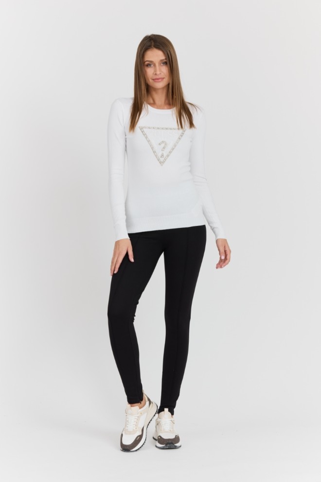 GUESS Pulover alb pentru femei Rylie Triangle cu logo mare