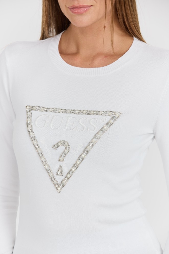 GUESS Pulover alb pentru femei Rylie Triangle cu logo mare