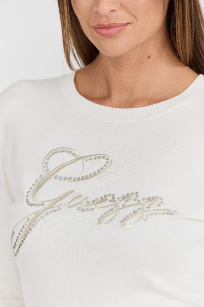 GUESS Pulover alb pentru femei, de culoare măslinie, cu logo brodat