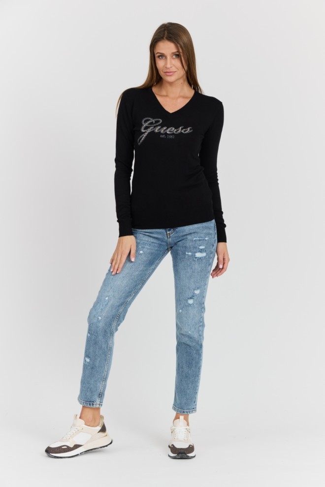 GUESS Black Women's Saige Logo Vn Ls Swtr Sweater