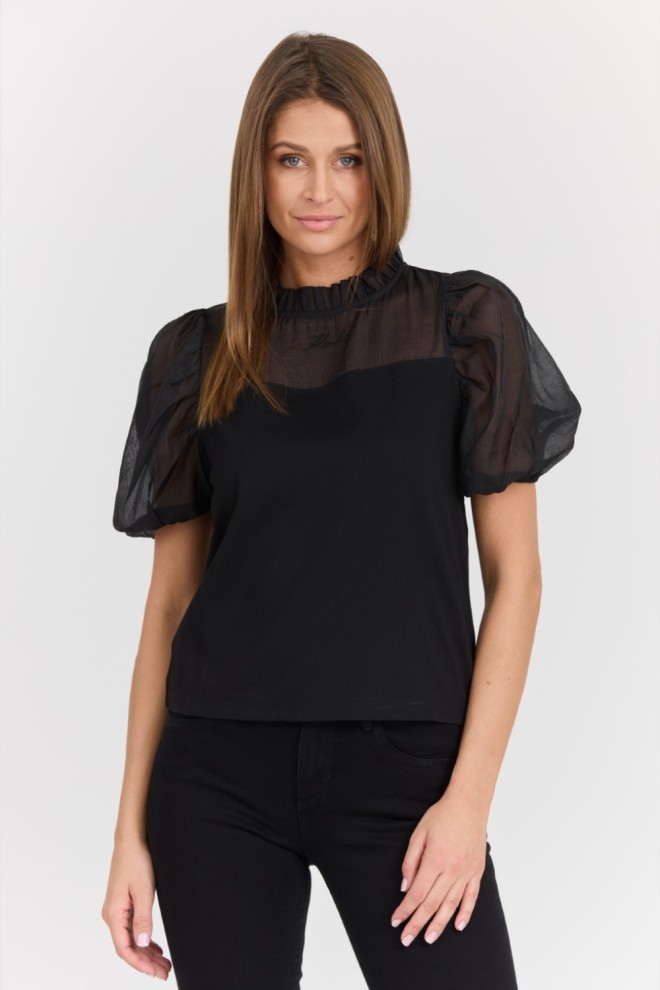 KARL LAGERFELD Black Women's Elegant Organza Mix Top T-Shirt