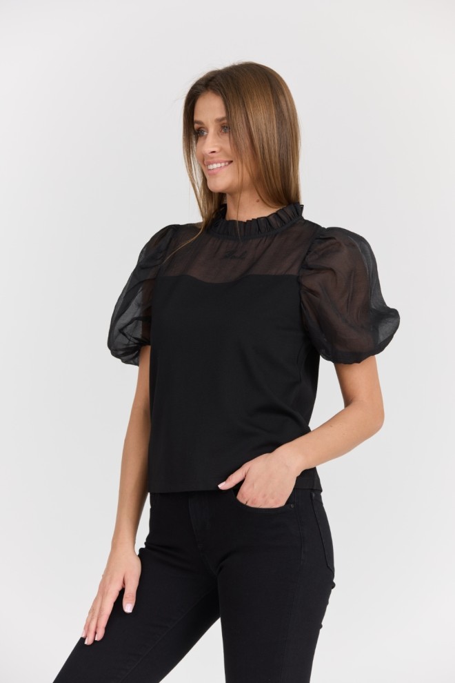 KARL LAGERFELD Czarny damski elegancki t-shirt Organza Mix Top