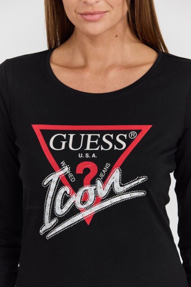 Чорний жіночий лонгслів GUESS Icon Tee з великим логотипом