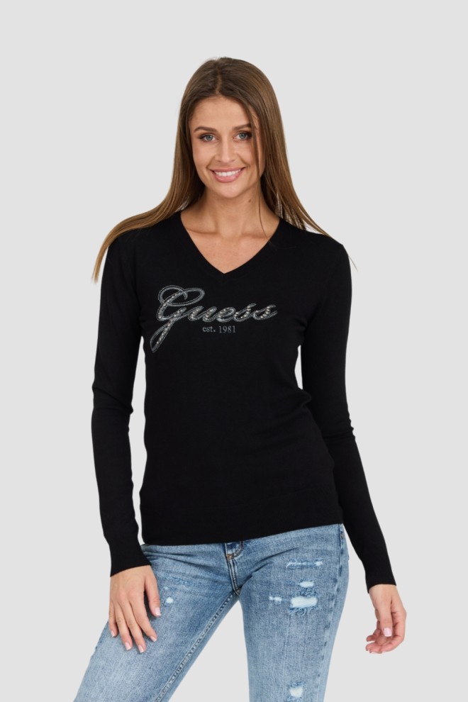 GUESS Black Women's Saige Logo Vn Ls Swtr Sweater