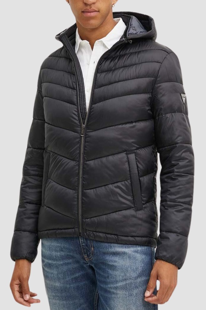 GUESS Black Men's Super Light Puffa Jacket with Hoodie