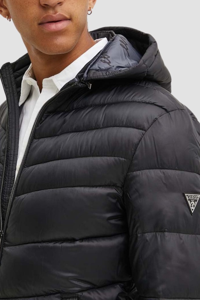 GUESS Black Men's Super Light Puffa Jacket with Hoodie