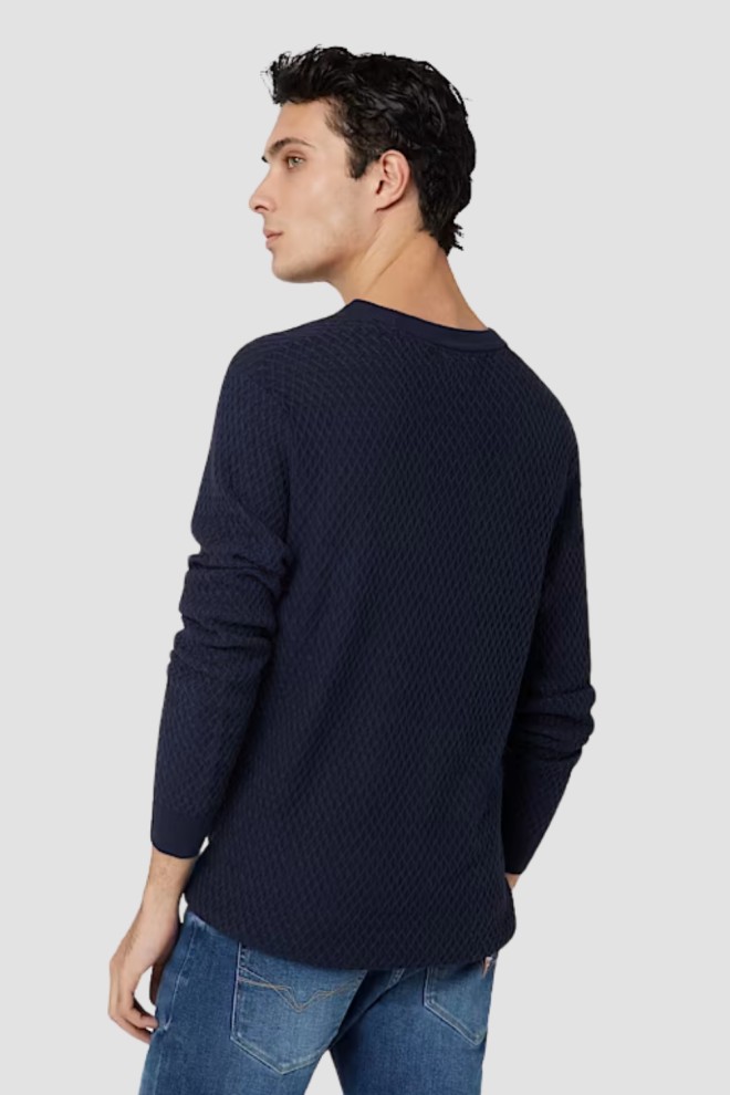 GUESS Pulover albastru marin pentru bărbați Davin Cn Ls