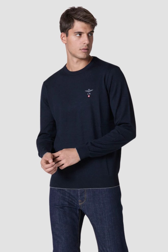 AERONAUTICA MILITARE Pulover Merino albastru marin pentru bărbați