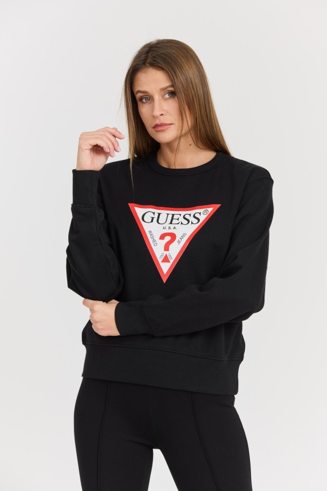 GUESS Hanorac negru pentru femei cu logo mare Original Fleece