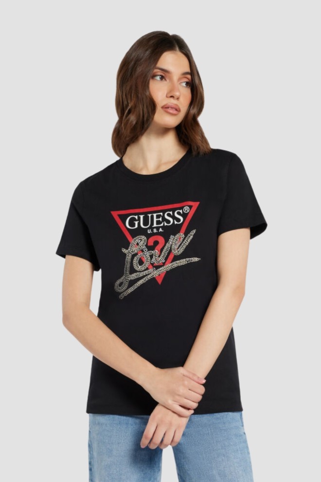 GUESS Czarny damski t-shirt bawełniany Love Tee