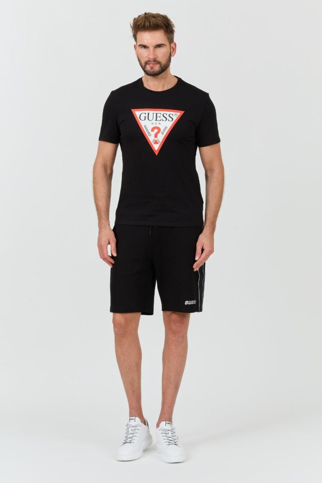 GUESS Tricou negru din bumbac cu logo mare pentru bărbați Clsc Tri Logo