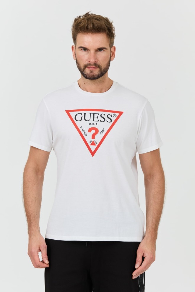 GUESS Alb bărbați logo-ul mare bumbac tricou Clsc Tri Logo