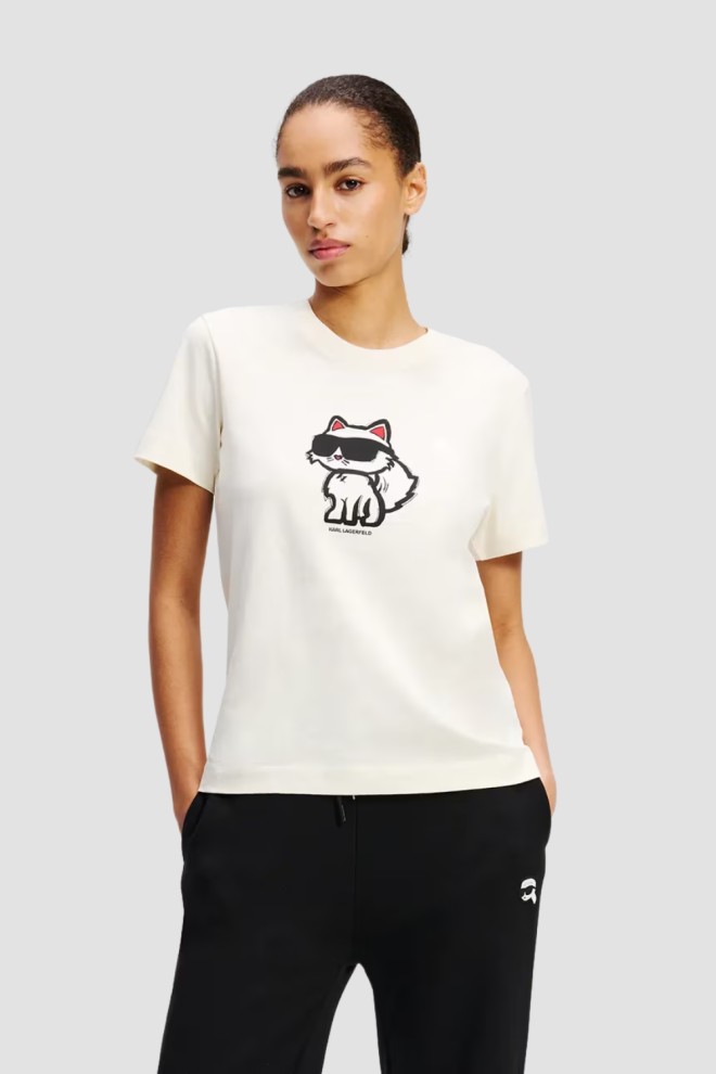 Tricou pentru femei KARL LAGERFELD Ikon Sketch Choupette bej