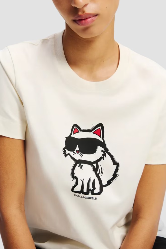 Tricou pentru femei KARL LAGERFELD Ikon Sketch Choupette bej