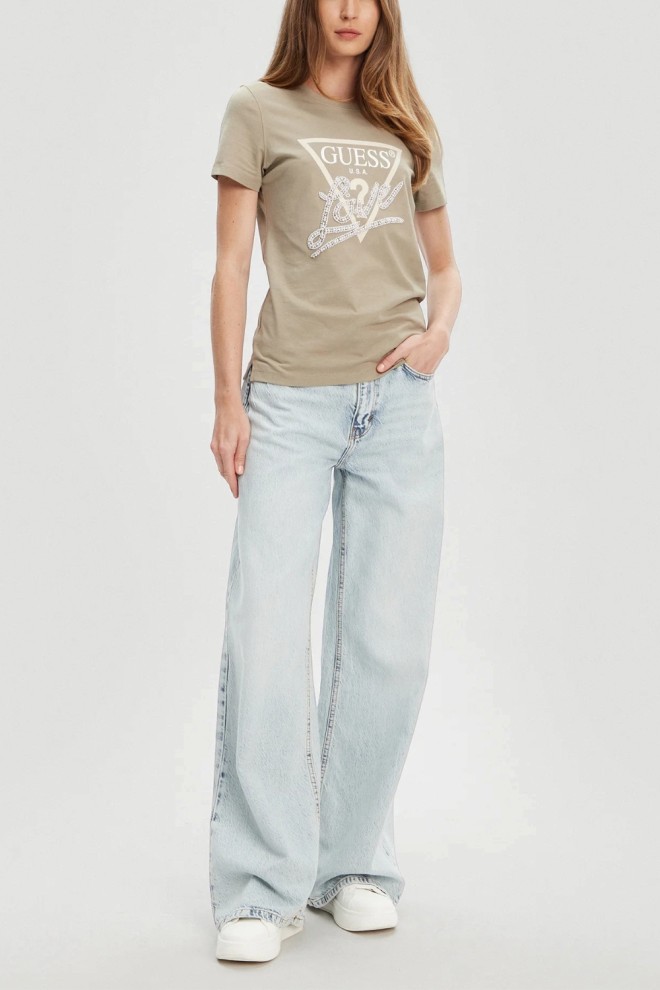 GUESS Tricou verde Pearls Love pentru femei