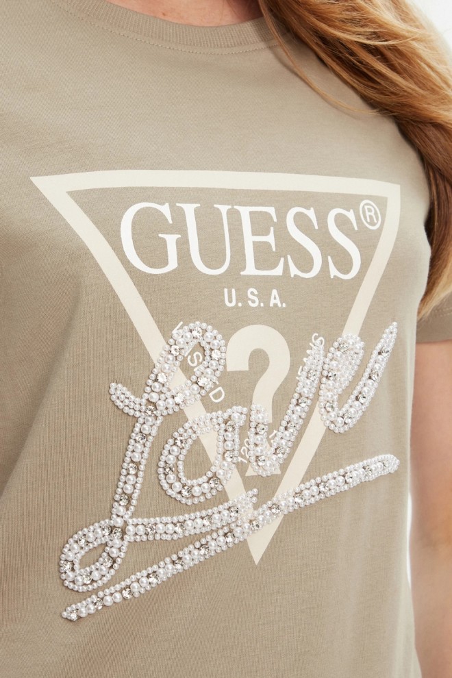 GUESS Women's green Pearls Love t-shirt