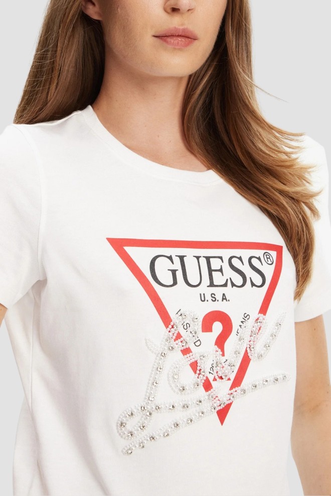 GUESS Tricou alb pentru femei Pearls Love