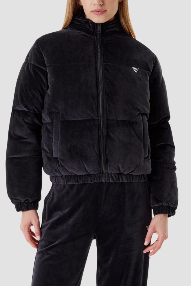 GUESS Сjachetă puffer Couture din piele întoarsă neagră pentru femei