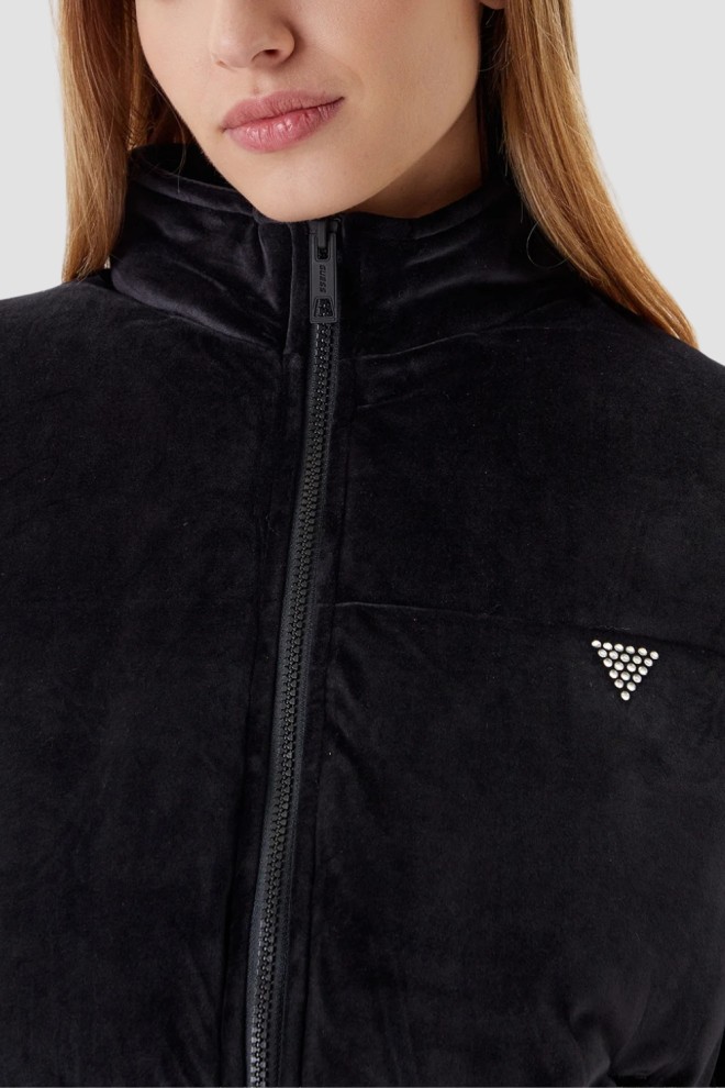 GUESS Сjachetă puffer Couture din piele întoarsă neagră pentru femei