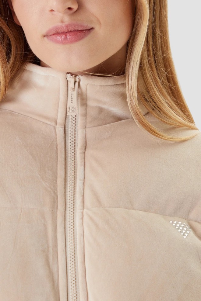 GUESS Jachetă puffer pentru femei Couture din piele de căprioară bej