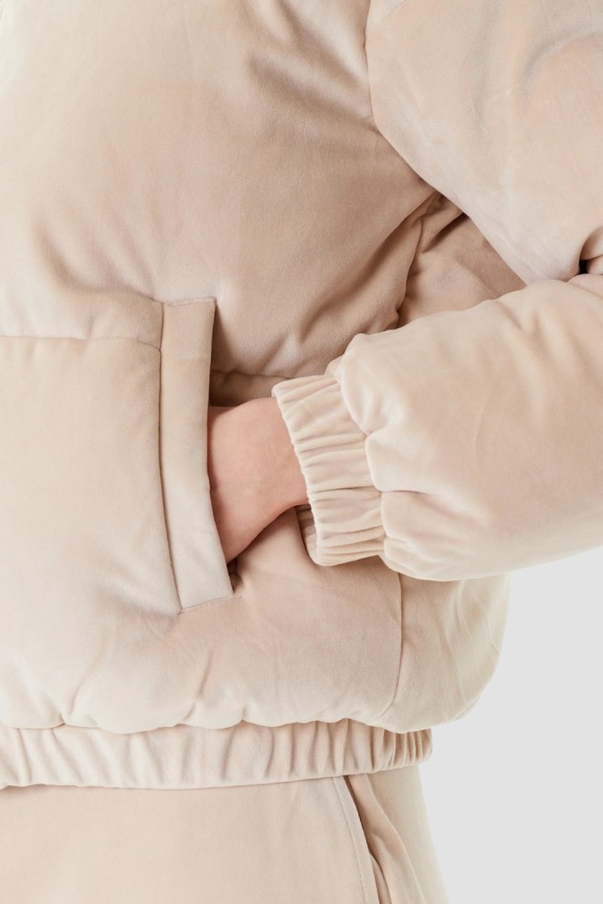 GUESS Jachetă puffer pentru femei Couture din piele de căprioară bej