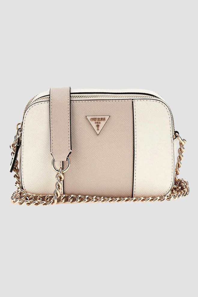 Geantă de ambreiaj GUESS Noelle II albă și bej pentru femei