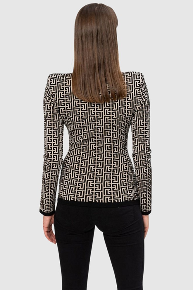 Bluză cu guler înalt cu monogramă neagră pentru femei BALMAIN 