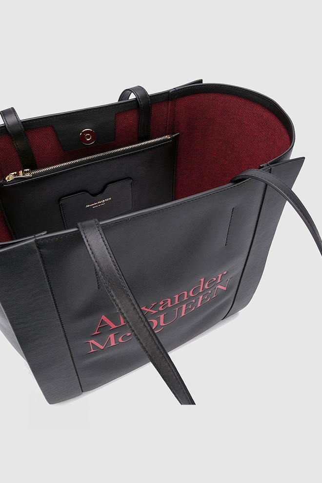 ALEXANDER MCQUEEN Geantă shopper din piele neagră cu logo roșu