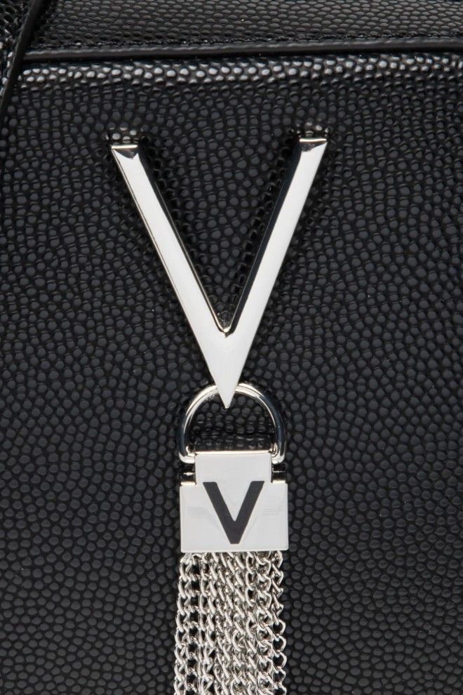 VALENTINO Small black leather textured handbag with decorative V divina haversack