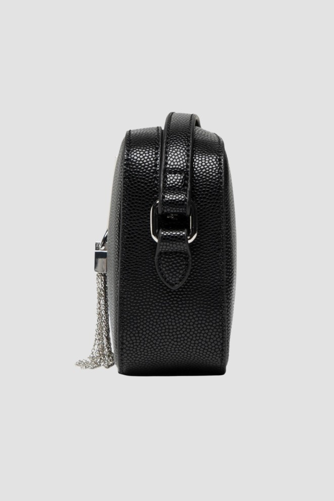 VALENTINO Small black leather textured handbag with decorative V divina haversack