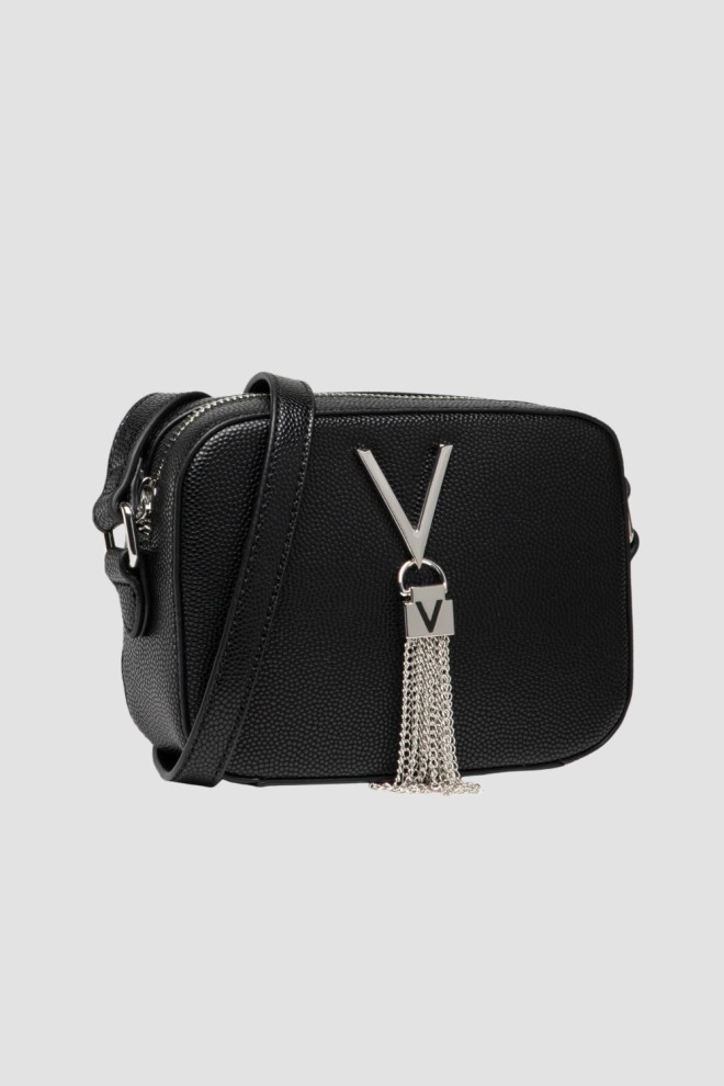 VALENTINO Small black leather textured handbag with decorative V divina haversack