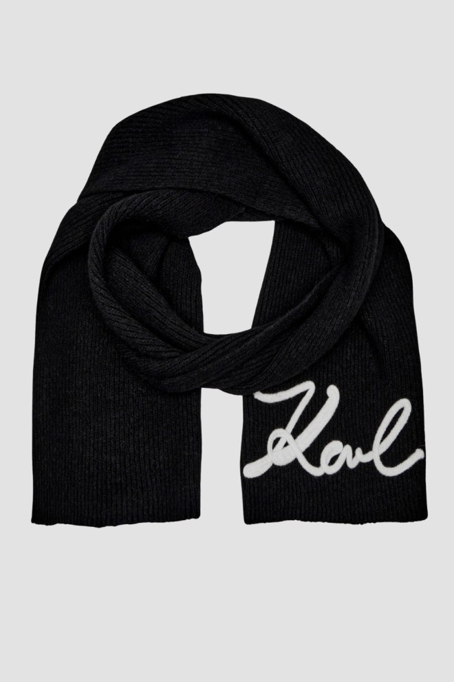 KARL LAGERFELD Czarny szalik damski Logo Signature z domieszką wełny
