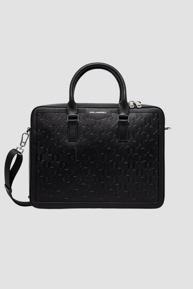 Чорний чоловічий шкіряний портфель з монограмою KARL LAGERFELD 