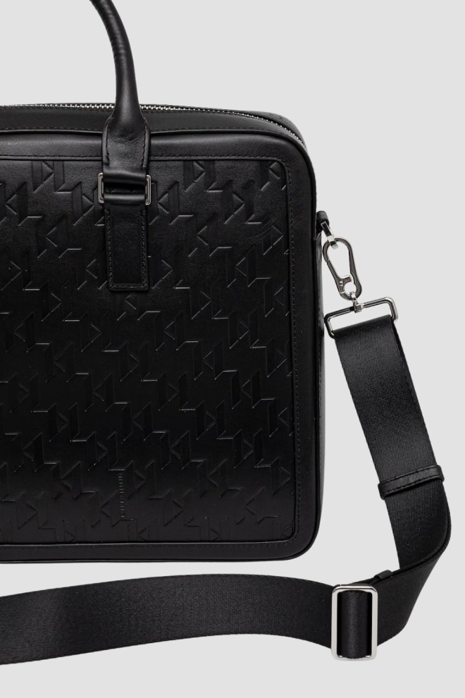 KARL LAGERFELD Czarna męska aktówka skórzana z monogramem