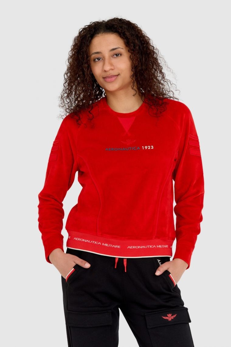 AERONAUTICA MILITARE Red velour women's sweatshirt with multiple embellishments