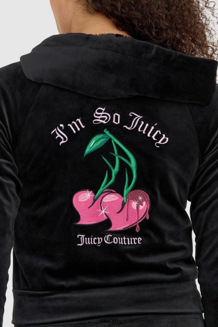 JUICY COUTURE Czarna welurowa bluza dresowa z haftowanymi wisienkami