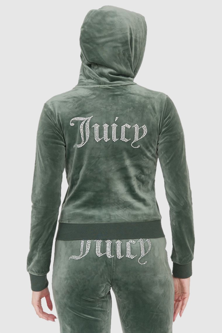 JUICY COUTURE Welurowa zielona bluza diamante hoodie