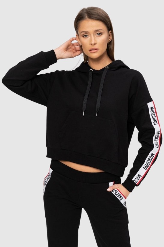 MOSCHINO Czarna bluza damska z kapturem i lampasami