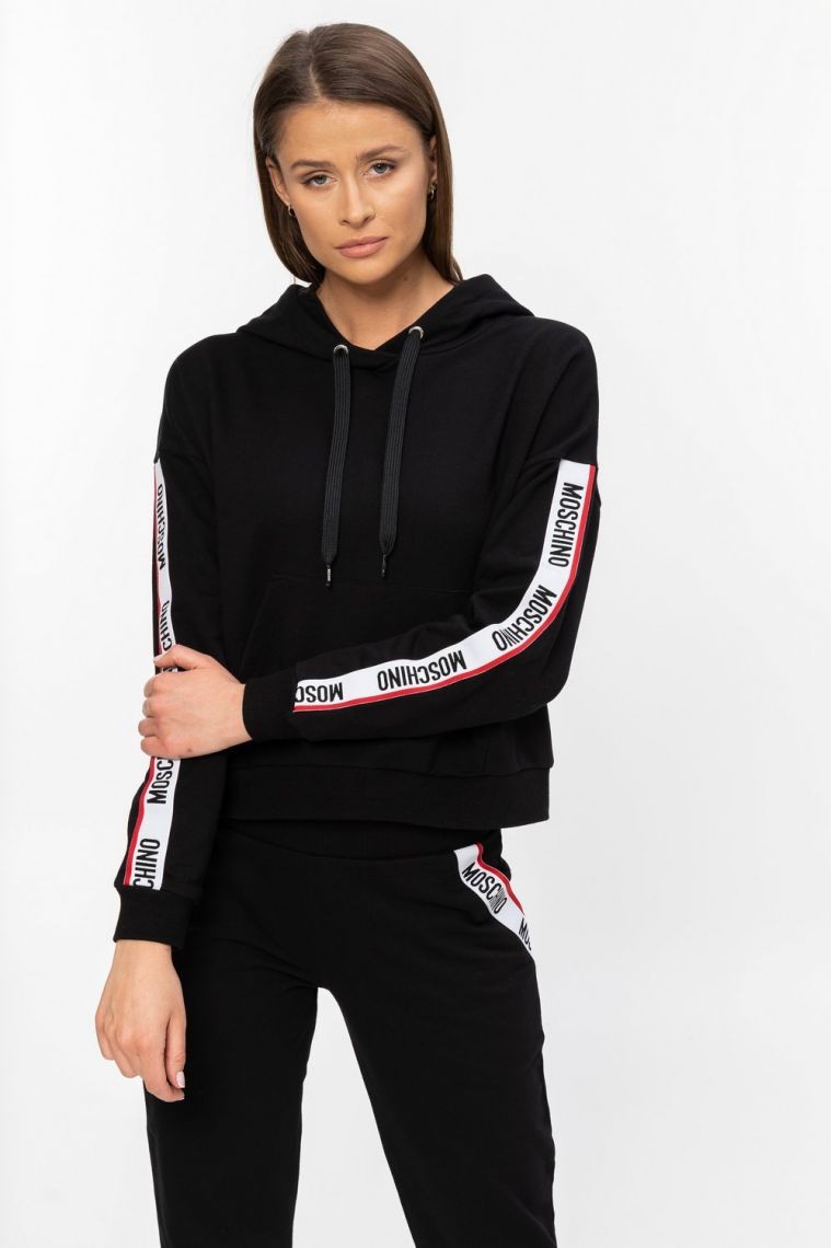 MOSCHINO Czarna bluza damska z kapturem i lampasami