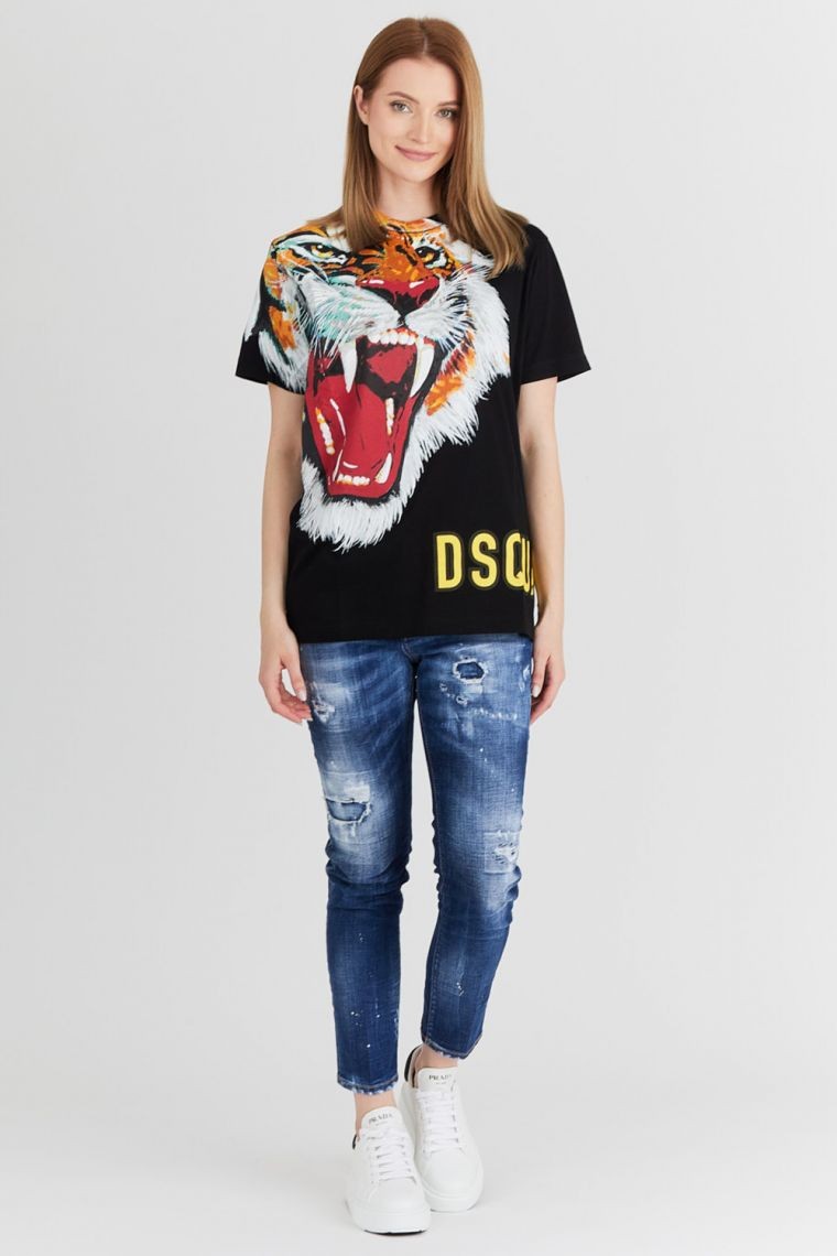 DSQUARED2 Czarny t-shirt damski z tygrysem