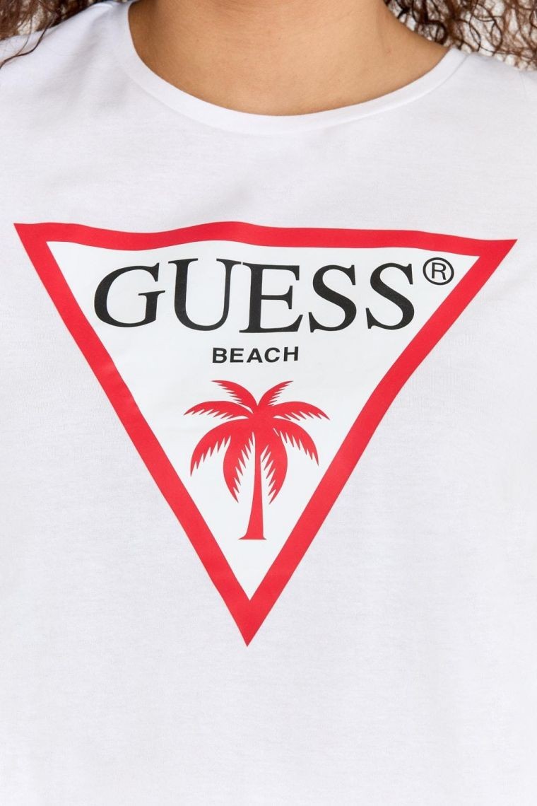 GUESS Biały krótki t-shirt damski z surowym wykończeniem boxy fit