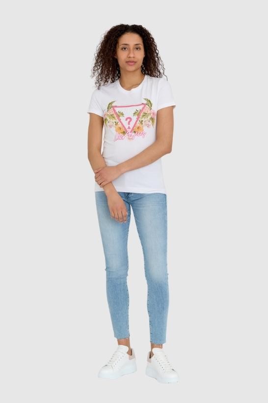 GUESS Biały t-shirt damski z logo z kwiatami i dżetami slim fit