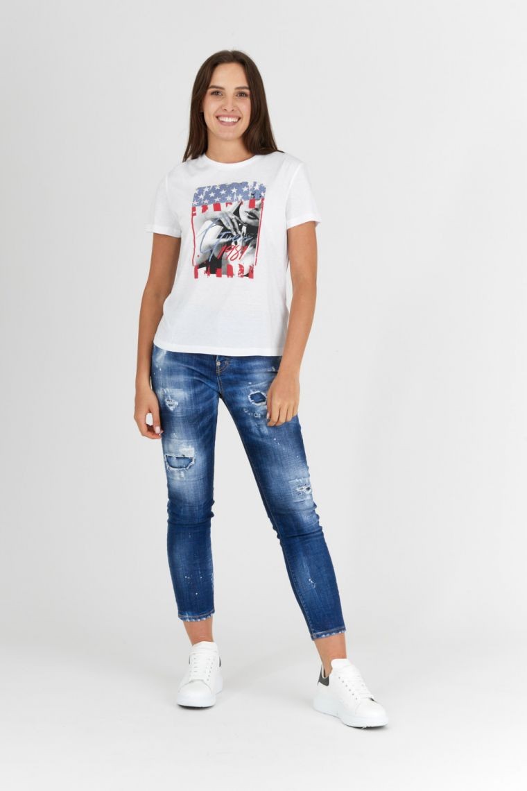 GUESS White women's t-shirt with print and tie at back