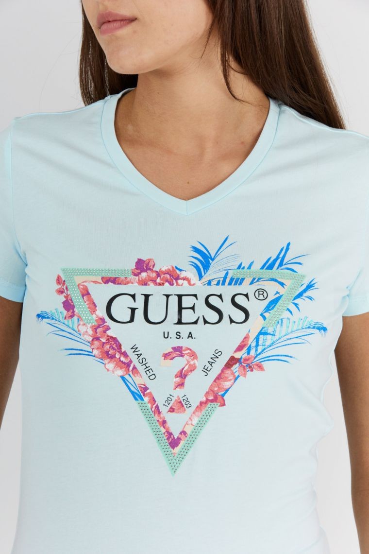 GUESS Blue women's logo t-shirt with leaves and zircons