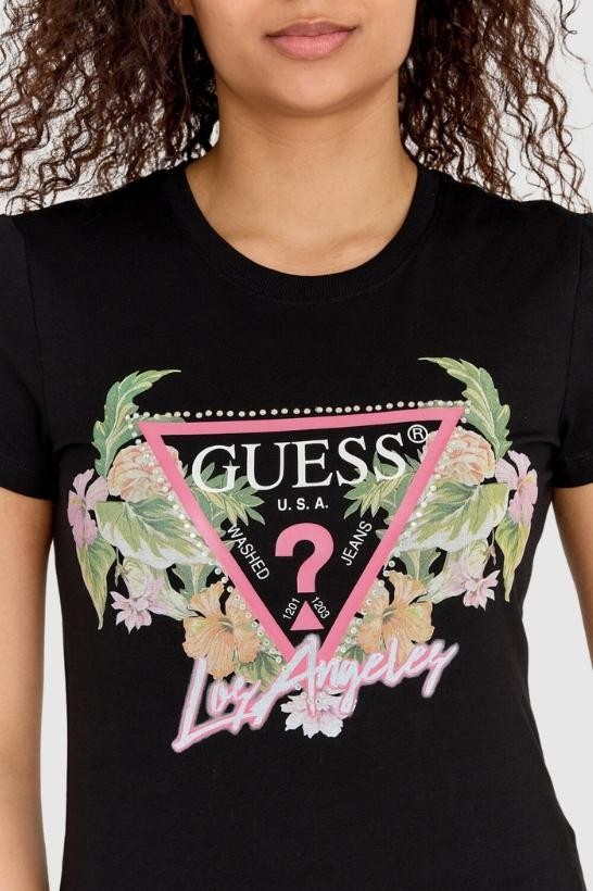 GUESS Black women's logo t-shirt with flowers and rhinestones slim fit