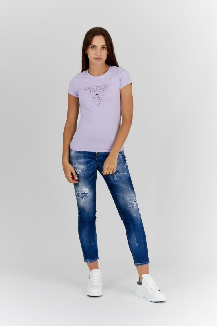 GUESS Purple women's t-shirt with openwork logo