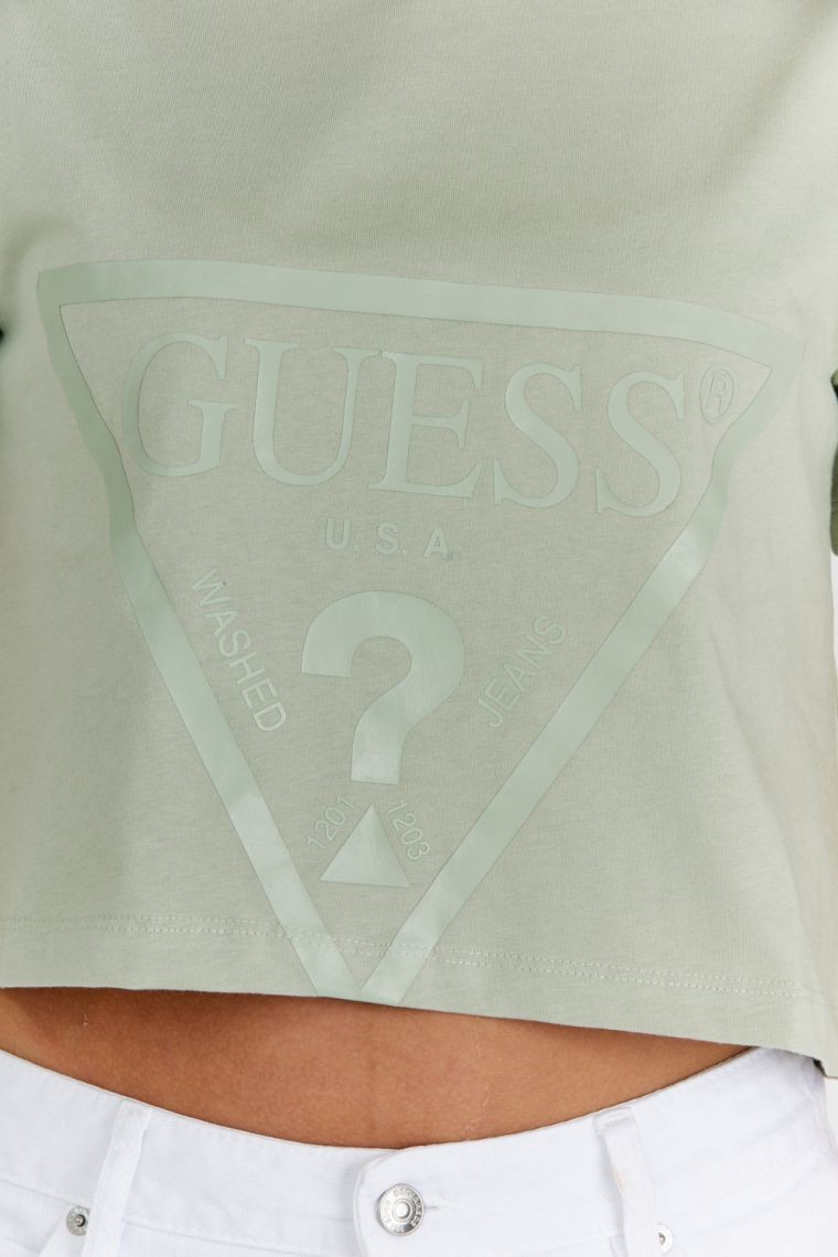GUESS Tricou scurt verde cu logo pentru femei