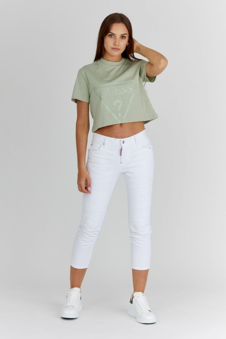 GUESS Tricou scurt verde cu logo pentru femei